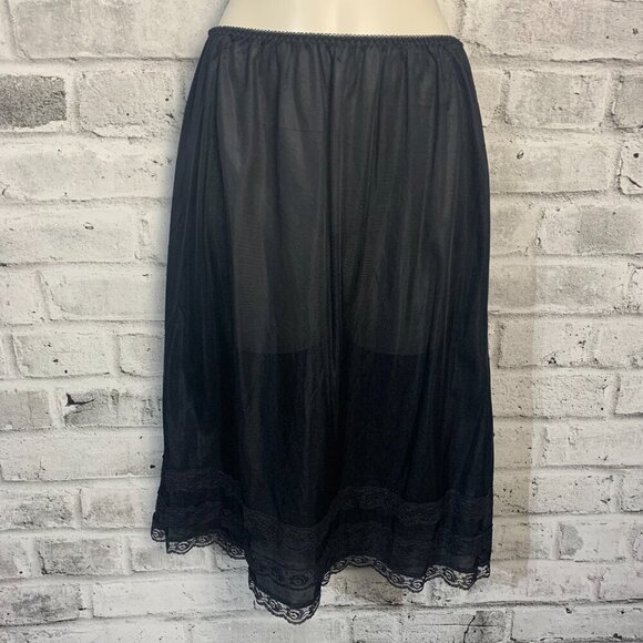 Vintage 90s Pink Lady Black Satin Lace Trim Slip Skirt New - Picture 5 of 11